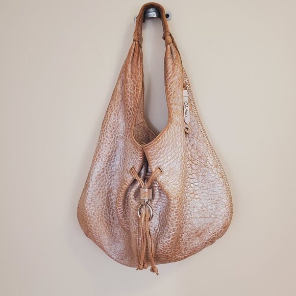 Cole Haan PHOEBE Distressed Leather Hobo Purse METALLIC ROSE Braid Trim Argento - Picture 2 of 9